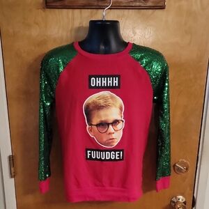 A Christmas Story Sweatshirt Oh Fudge Red Medium Juniors Women Sequin Sleeve